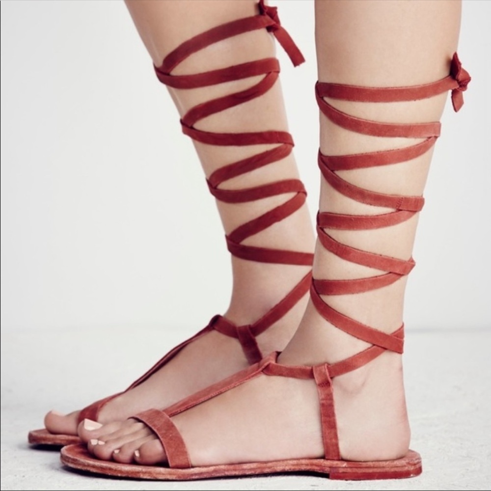 Free People red Dahlia lace up sandal / scarlet clay gladiator strap sandals